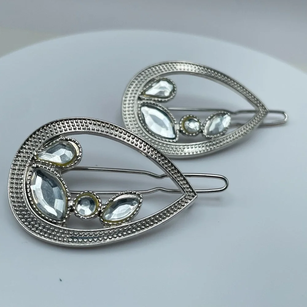 Vintage 80s Teardrop Hair Clips Set Gold & Silver Tone Rhinestone Bobby Pins Y2K